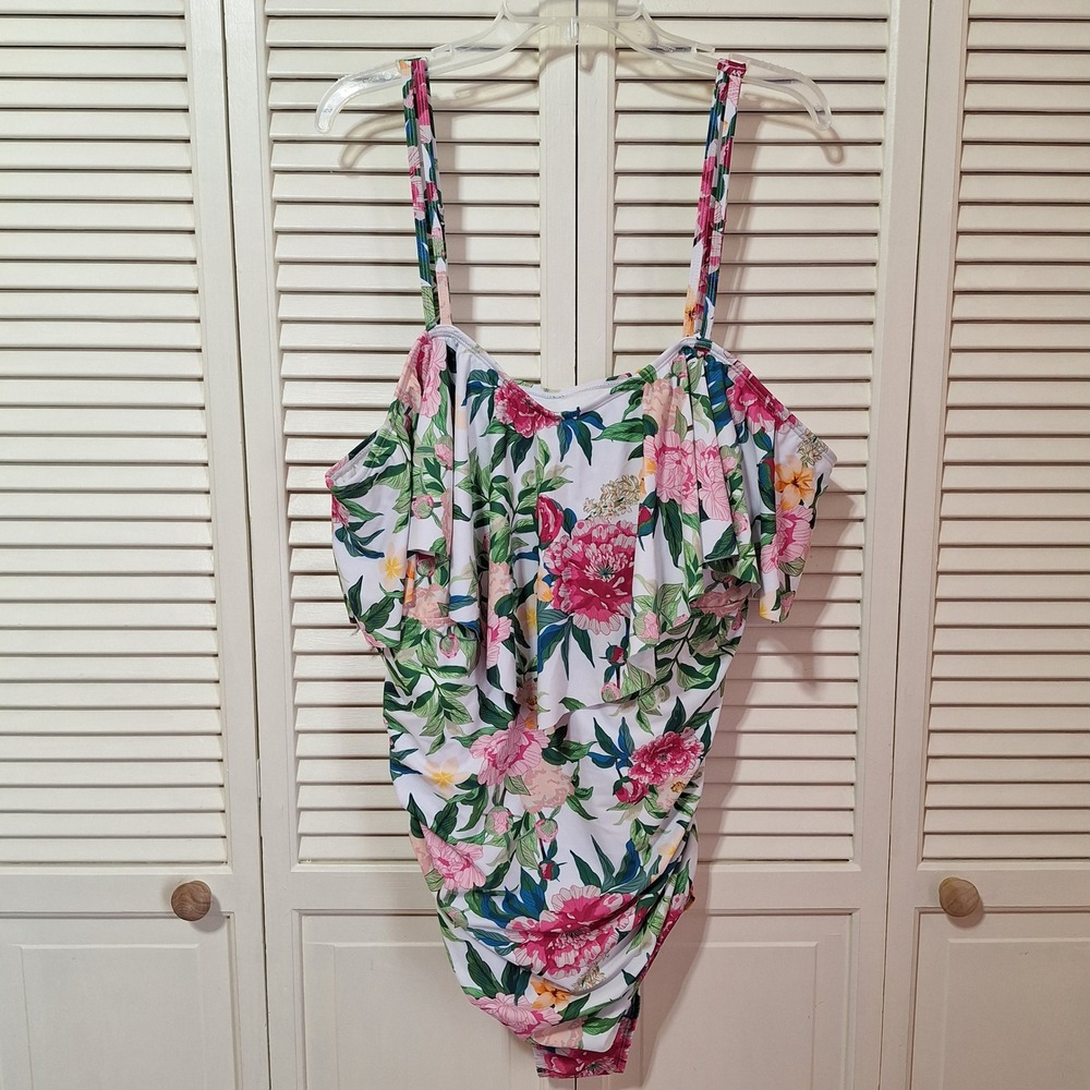 Bloomchic Womens Floral Ruffle Neckline One Piece Swimsuit White Pink Plus
